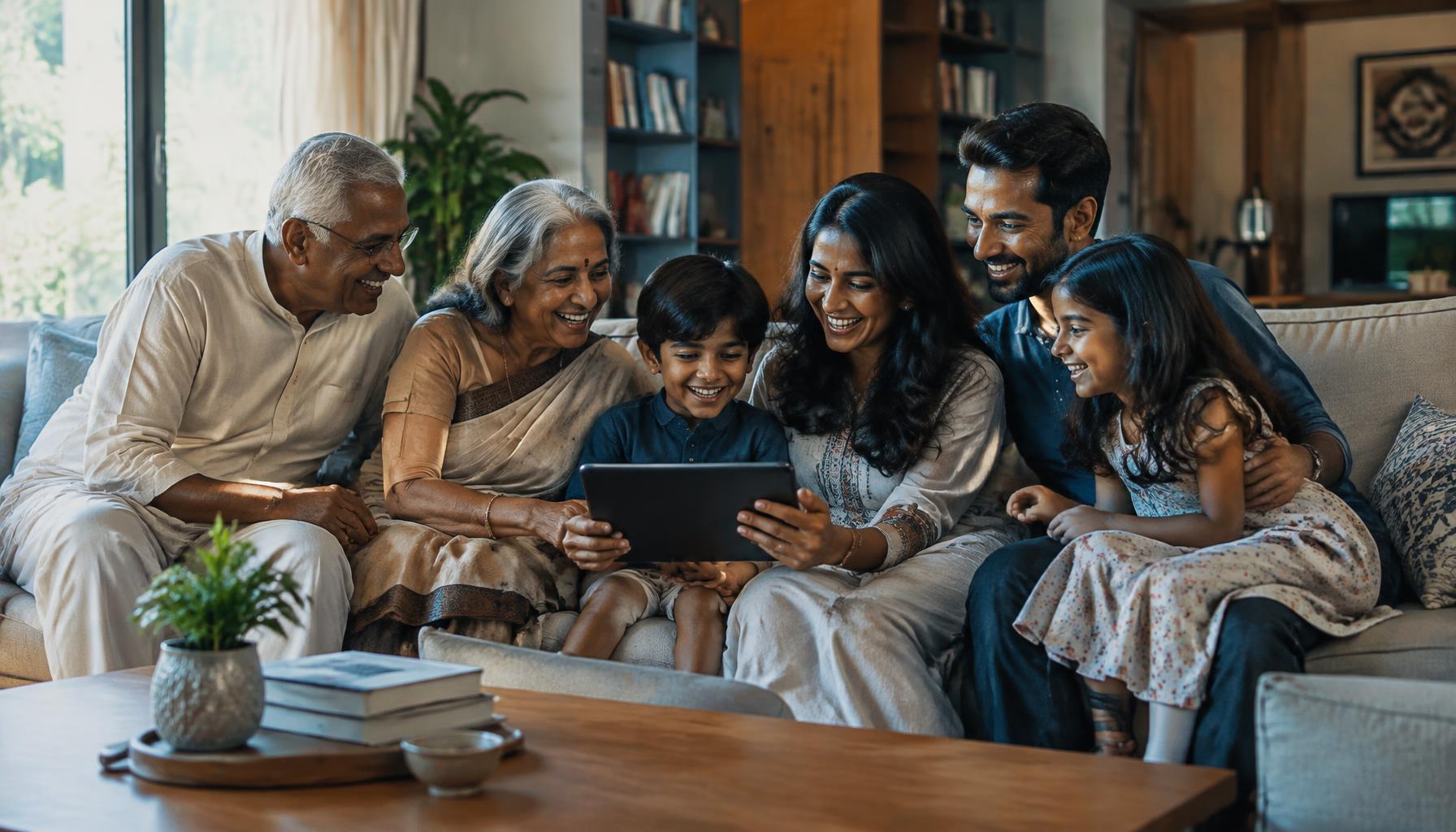 A family of three generations laughing together around a tablet