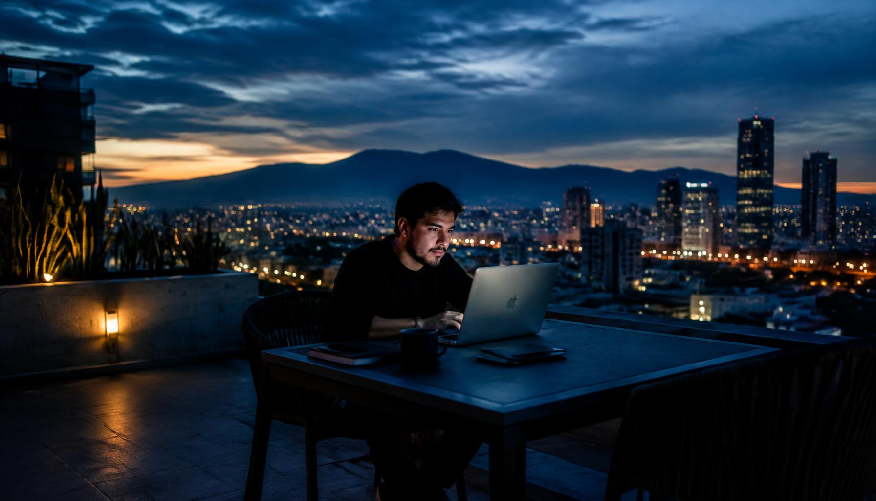 A freelancer working on a rooftop above the city at dusk