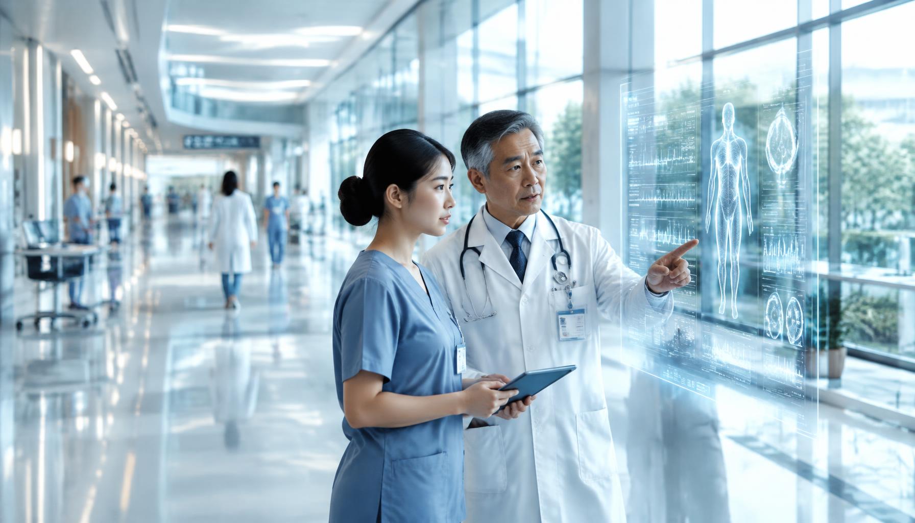 A doctor and nurse reviewing information in a bright hospital